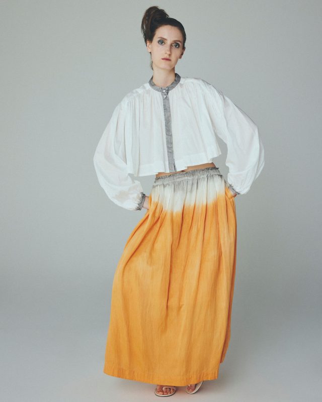 <h6>Cotton satin Blouse with charcoal dye_pine charcoal-grey_BLOUSE 124-1<br />
Silk cotton satin Skirt with charcoal & soil dye _pine charcoal + soil orange_SKIRT 068-8</h6>
