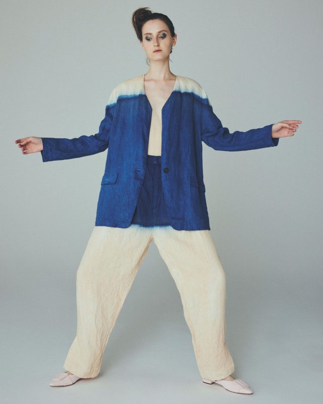 <h6>Linen denim Set up with indigo & soil dye_indigo×soil pink_JACKET 017-8 & PANTS 110-8</h6>
